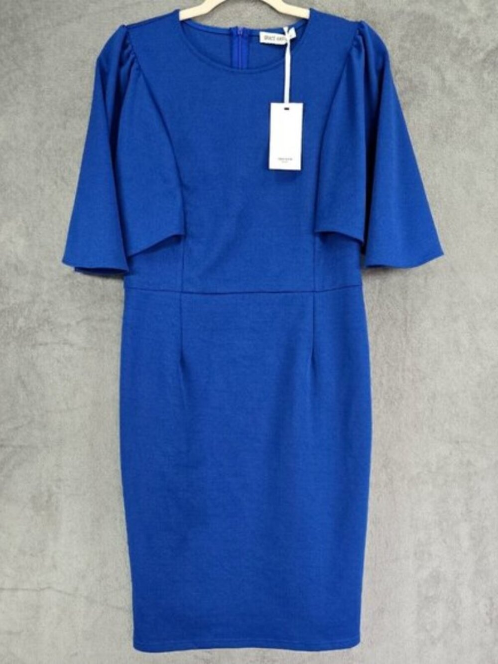 Grace Karin Cape Dress Navy Blue Round Neck Slim Fit Sheath Women's Size L